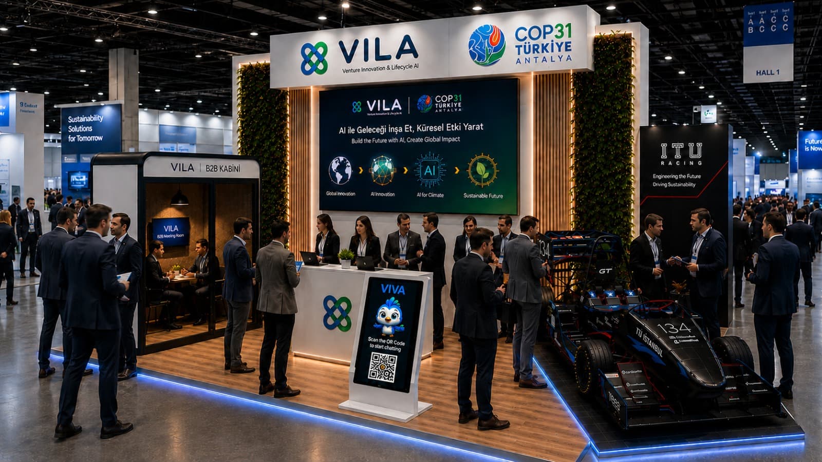جناح VILA في COP31 Türkiye Antalya مع كشك VIVA وكابينة الأعمال وعرض İTÜ Racing