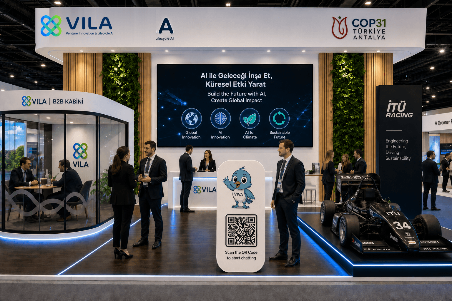 VILA exhibition stand at COP31 Türkiye Antalya with VIVA kiosk, B2B cabin, and İTÜ Racing display